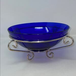 Cost Plus World Market Cobalt Blue Serving Bowl withSilver Holder